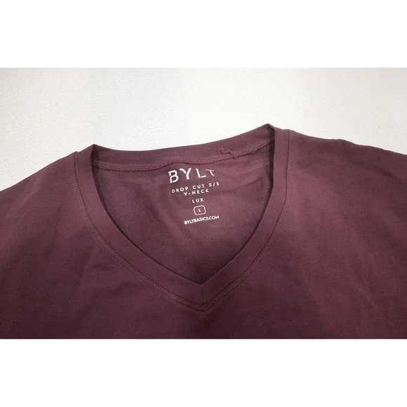 BYLT Drop Cut V-Neck T-Shirt Mens Large Maroon Athletic Fit performance NEW - Picture 9 of 13